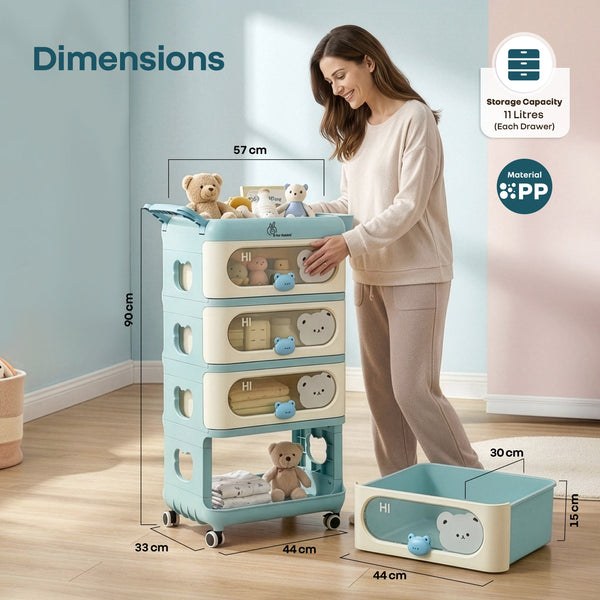 R For Rabbit Kiddo Korner Bear Baby Storage Organizer with 3 Drawers, Open Storage, 360° Wheels & Detachable Basket