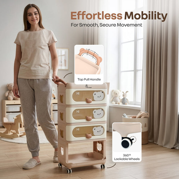 R For Rabbit Kiddo Korner Bear Baby Storage Organizer with 3 Drawers, Open Storage, 360° Wheels & Detachable Basket