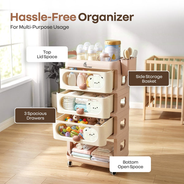 R For Rabbit Kiddo Korner Bear Baby Storage Organizer with 3 Drawers, Open Storage, 360° Wheels & Detachable Basket