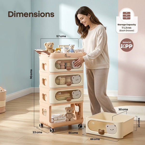 R For Rabbit Kiddo Korner Bear Baby Storage Organizer with 3 Drawers, Open Storage, 360° Wheels & Detachable Basket