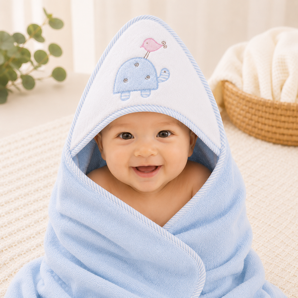 Babiano Turtle &amp; Bird Baby Hooded Towel – Blue, 68 × 68 cm