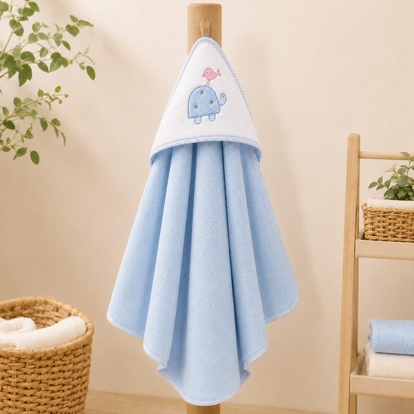 Babiano Turtle &amp; Bird Baby Hooded Towel – Blue, 68 × 68 cm