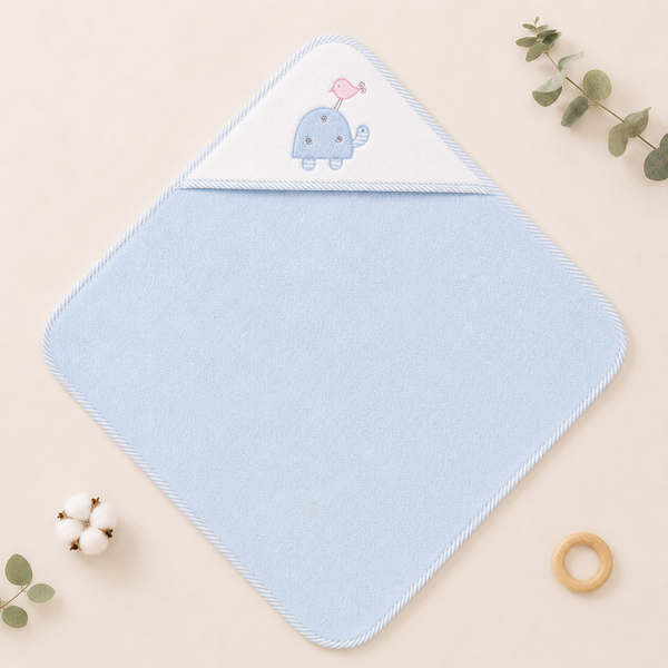 Babiano Turtle &amp; Bird Baby Hooded Towel – Blue, 68 × 68 cm