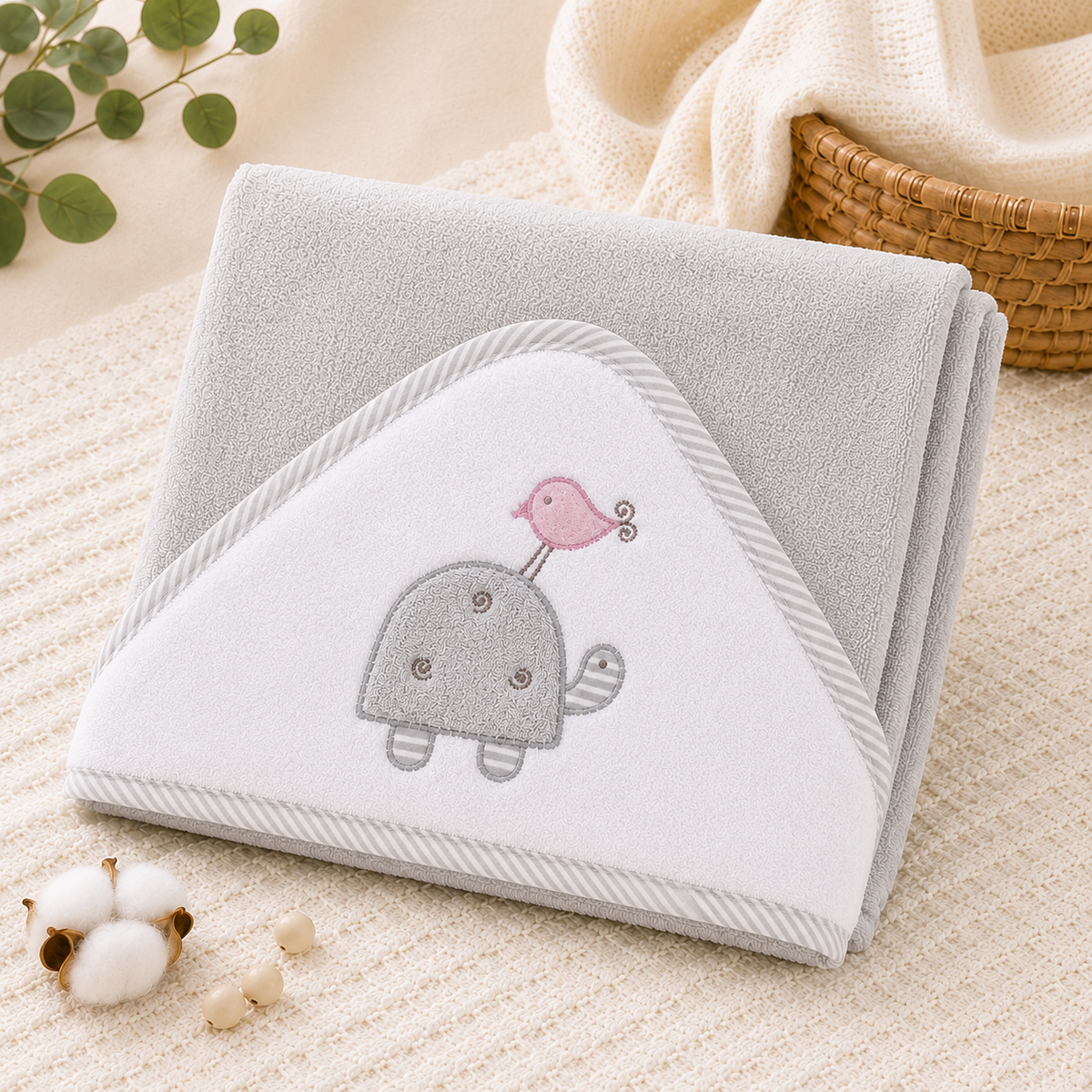 Babiano Turtle &amp; Bird Baby Hooded Towel – Grey