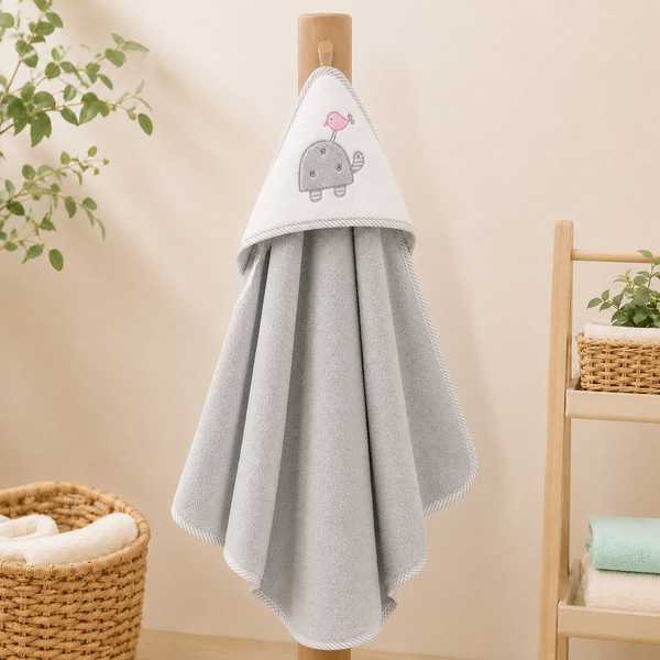 Babiano Turtle &amp; Bird Baby Hooded Towel – Grey