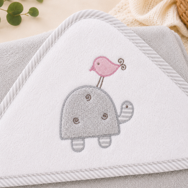 Babiano Turtle &amp; Bird Baby Hooded Towel – Grey