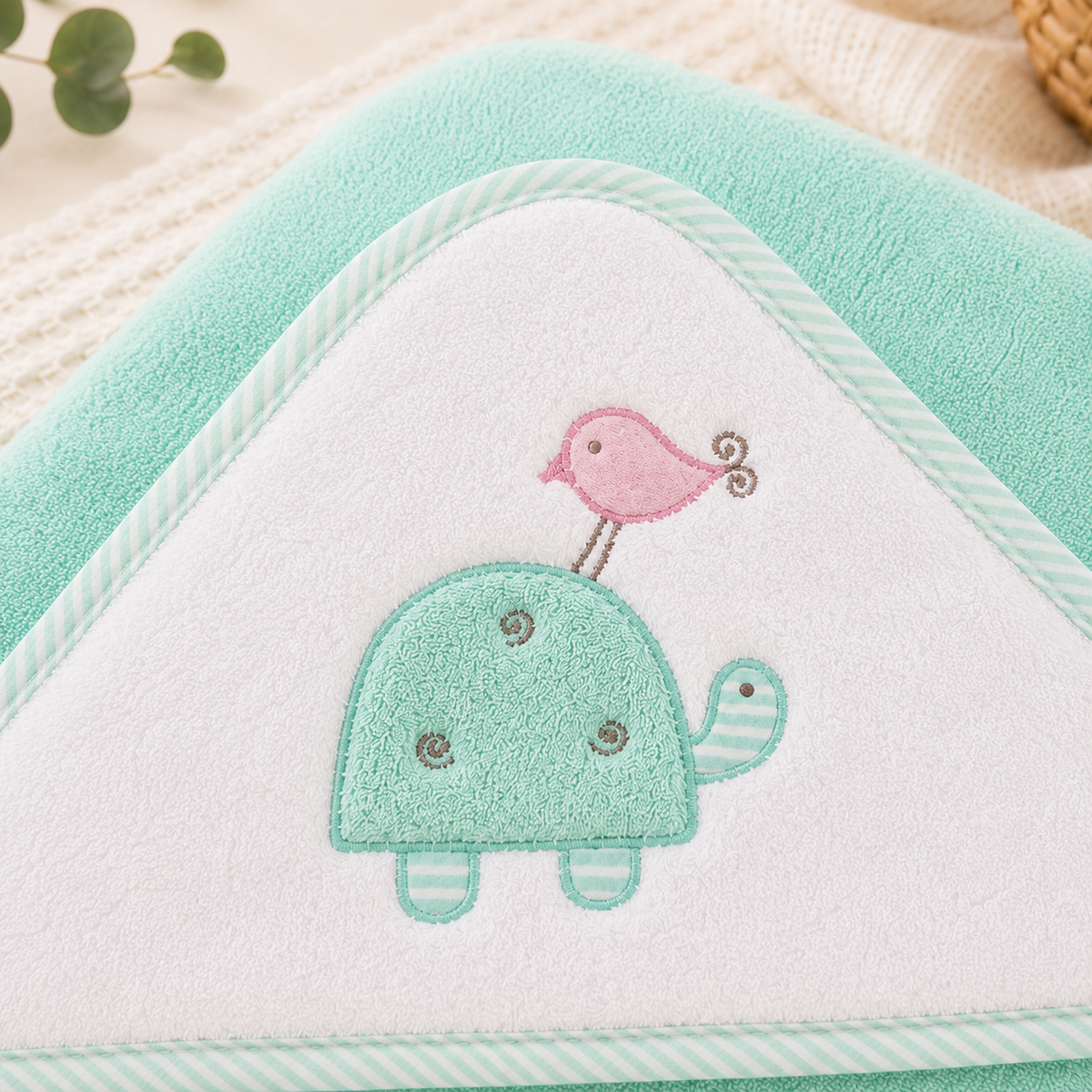 Babiano Turtle & Bird Baby Hooded Towel – Mint Green