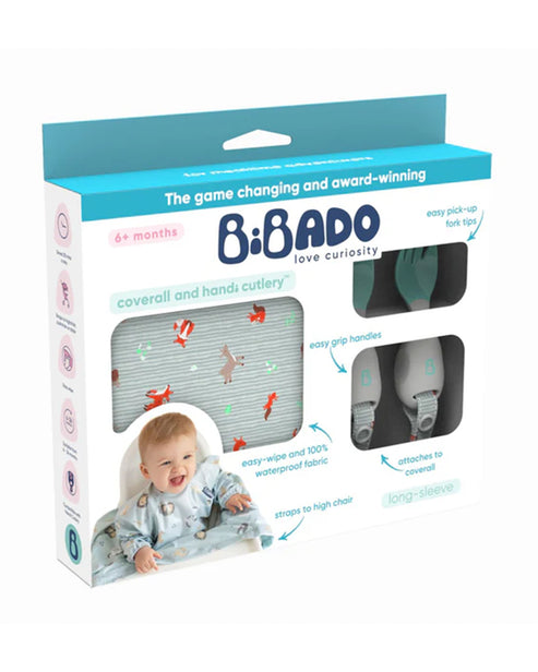 BiBaDo Long Sleeve Coverall Weaning Bib & Attachable Handi Cutlery Bundle 6 Months+ Arctic Adventure White