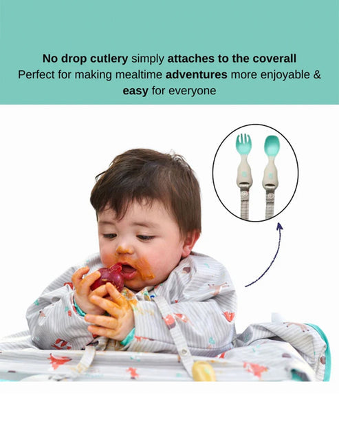 BiBaDo Long Sleeve Coverall Weaning Bib & Attachable Handi Cutlery Bundle 6 Months+ Arctic Adventure White