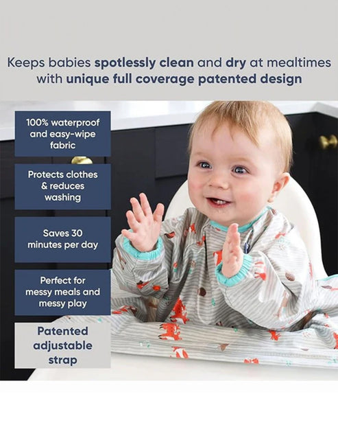 BiBaDo Long Sleeve Coverall Weaning Bib & Attachable Handi Cutlery Bundle 6 Months+ Arctic Adventure White