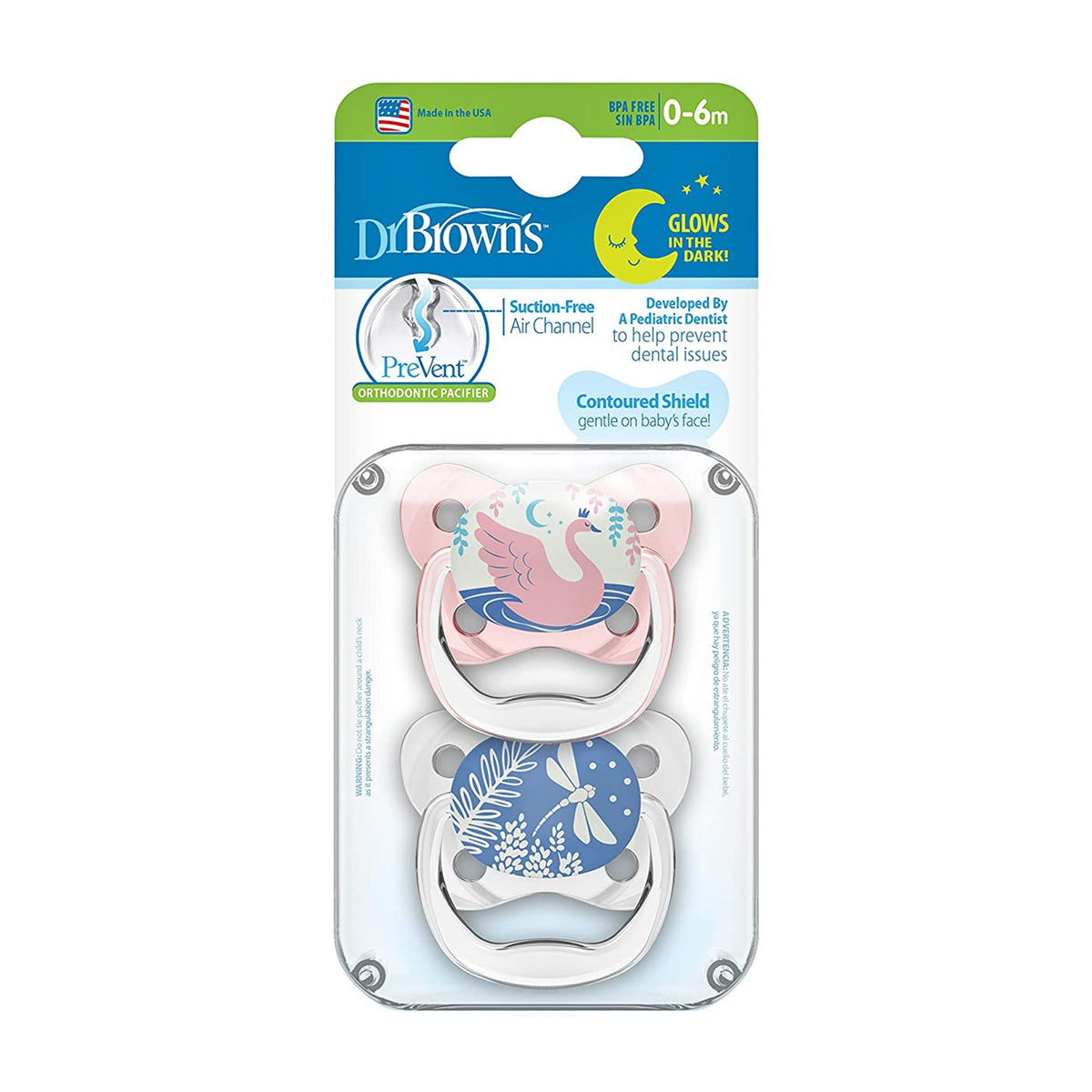 Dr. Brown’s PreVent Glow-in-the-Dark Butterfly Shield Soother Stage 1 Pack of 2 Pink