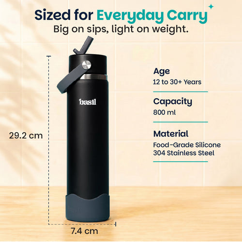 Basil HydraFizz Insulated Sipper Bottle 800ml 12Y+ – Classic Black