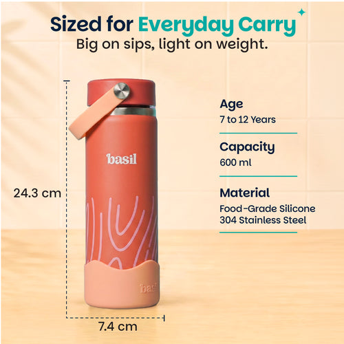Basil HydraRush Insulated Water Bottle 600ml 7–12Y – Coral Swirl
