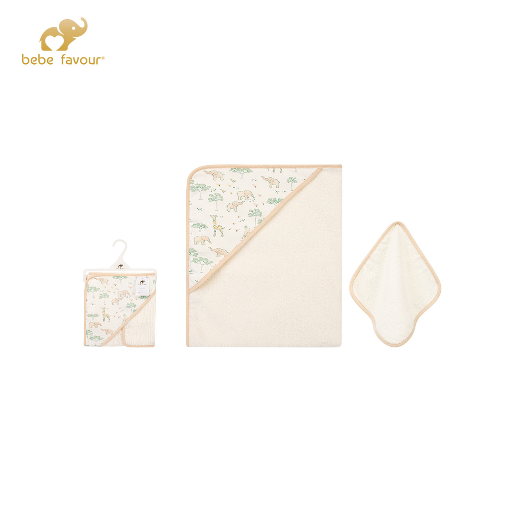 Bebe Favour 100% Cotton Baby Hooded Towel & Washcloth – Fawn