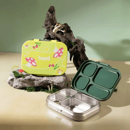 Basil Bento Quad 4-Compartment Stainless Steel Lunchbox 800 ml Mushroom Trail