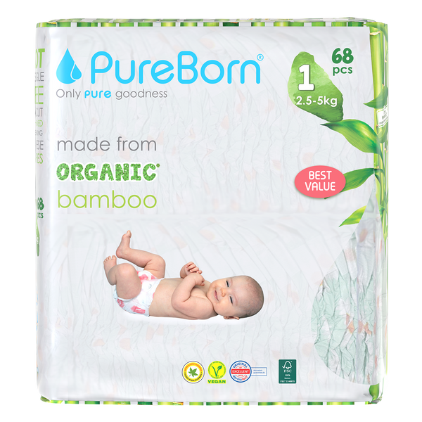 PureBorn Organic Bamboo Diapers Assorted Print Size 1 68 Count (Upto 5 Kg)