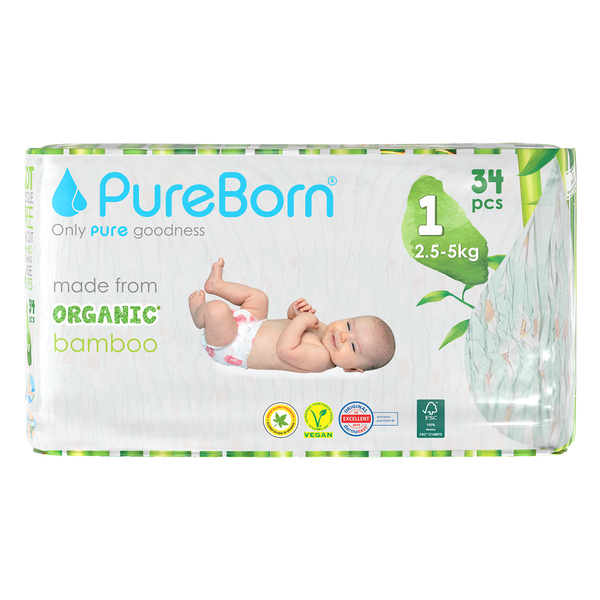PureBorn Organic Bamboo Diapers Assorted Print Size 1 34 Count (Upto 5 Kg)