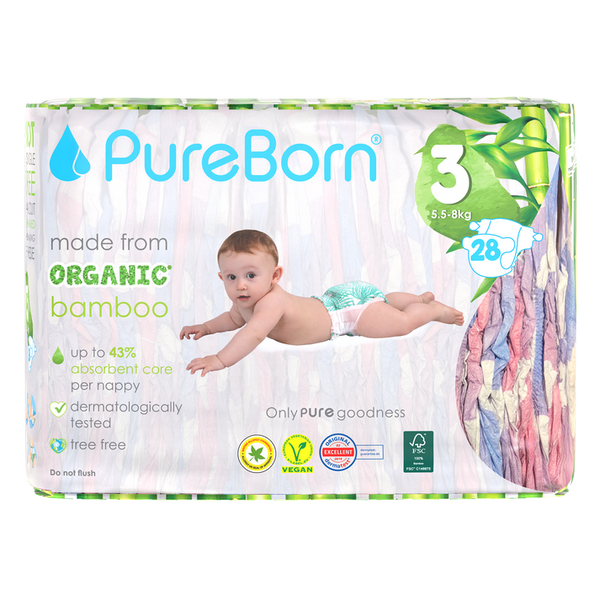 PureBorn Organic Bamboo Diapers Assorted Print Size 3 28 Count (5.5-8 Kg)