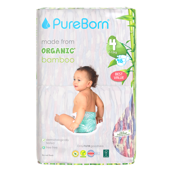 PureBorn Organic Bamboo Diapers Assorted Print Size 4 48 Count (7-12 Kg)