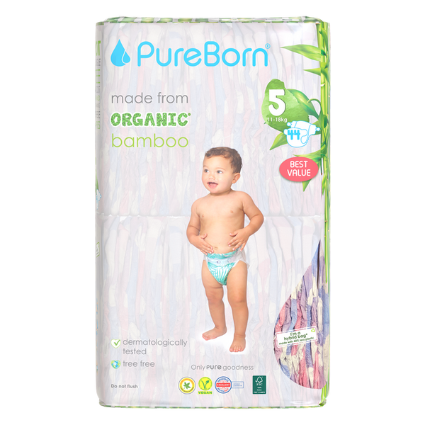 PureBorn Organic Bamboo Diapers Assorted Print Size 5 44 Count (11-18 Kg)