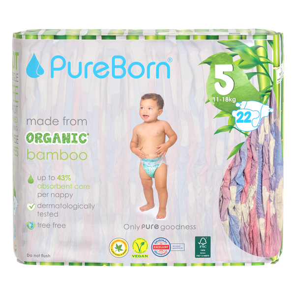 PureBorn Nappies Organic Bambo Cloud patternNo 5 (11-18 Kg) 22 pieces