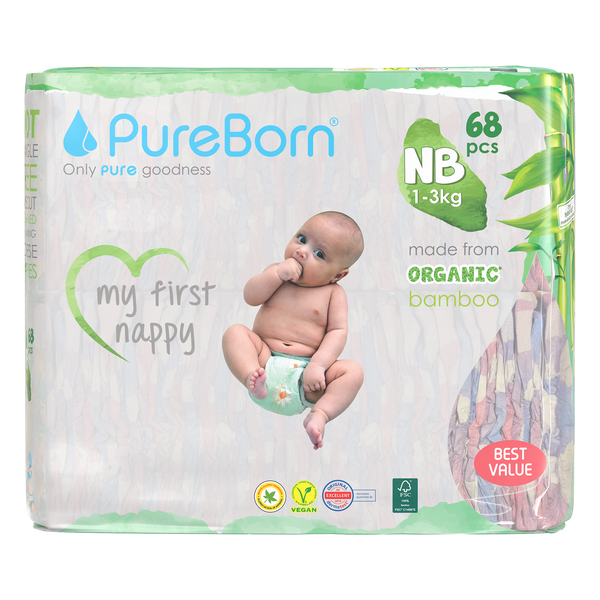 PureBorn Organic Bamboo NewBorn 1-3 Assorted 68 Nappies