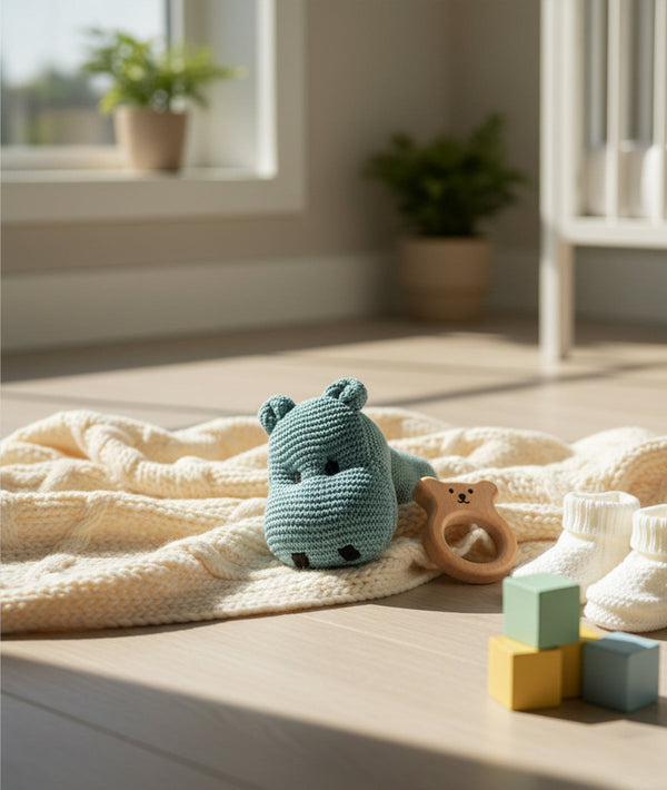 Pluchi Rattle Hippo Mineral Blue Colour Cotton Knitted Stuffed / Plush / Soft Toy for Babies and Kids