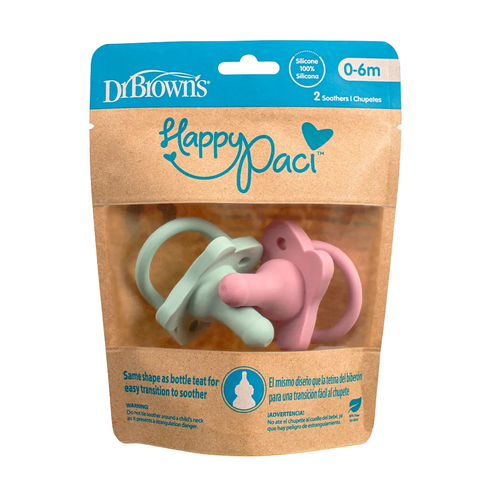 Dr. Brown's HappyPaci 100% Silicone One-Piece Pacifier 0-6M 2 Pack Pink & Green