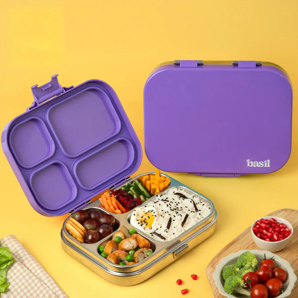 Basil Bento Quad 4-Compartment Stainless Steel Lunchbox 800 ml Purple Pop