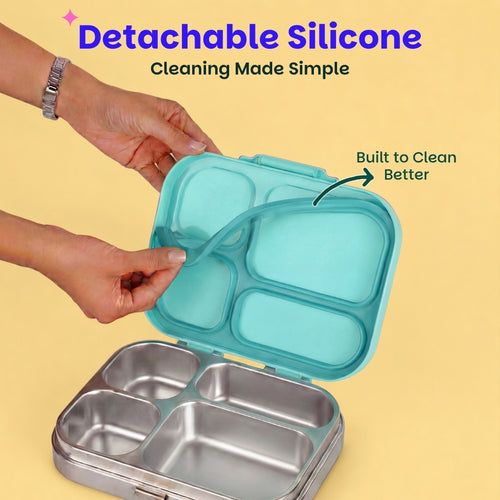 Basil Bento Quad 4-Compartment Stainless Steel Lunchbox 800 ml Teal Garden
