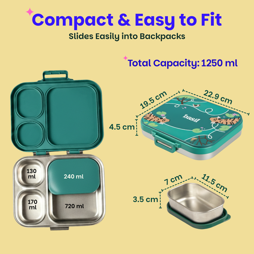 Basil Bento Quad+ 3+1 Compartment Stainless Steel Lunchbox 1250 ml Bengal Bagh