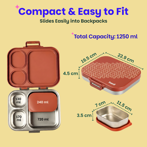 Basil Bento Quad+ Stainless Steel Lunchbox with Mini Box 1250 ml Tanjore Kolam