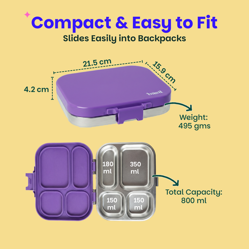 Basil Bento Quad 4-Compartment Stainless Steel Lunchbox 800 ml Purple Pop