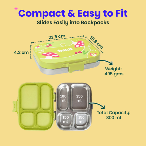 Basil Bento Quad 4-Compartment Stainless Steel Lunchbox 800 ml Mushroom Trail