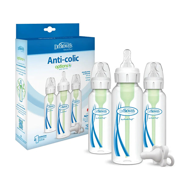 Dr. Brown’s Options+ Narrow Anti-Colic Baby Bottle, 8oz/250mL, 3-Pack, with HappyPaci