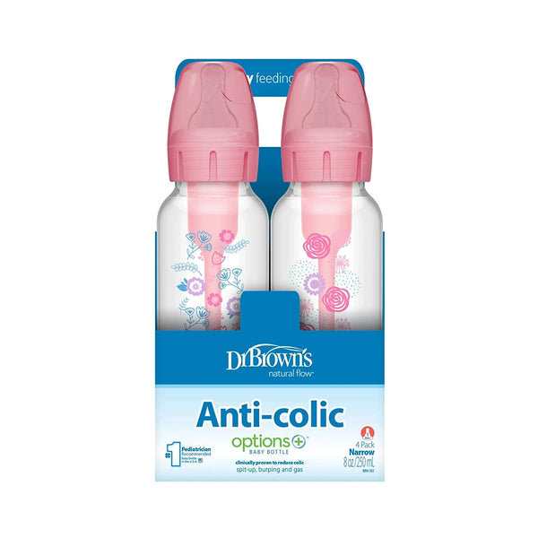 Dr. Brown's Natural Flow Anti-Colic Options+ Narrow Baby Bottle, 8 oz/250 ml, Pink Floral, 4-Pack