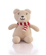 Pluchi Baby Bear with Scarf Cotton Knitted Stuffed Soft Toy for Babies & Kids (Natural & Red)