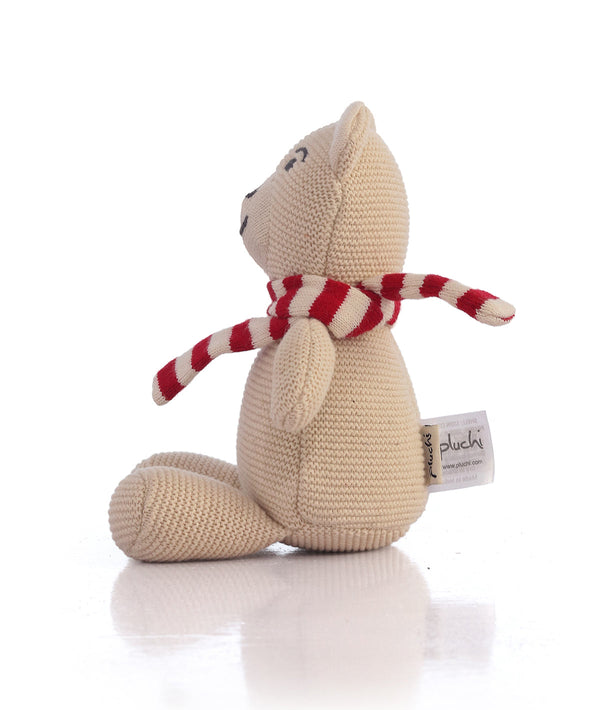 Pluchi Baby Bear with Scarf Cotton Knitted Stuffed Soft Toy for Babies & Kids (Natural & Red)