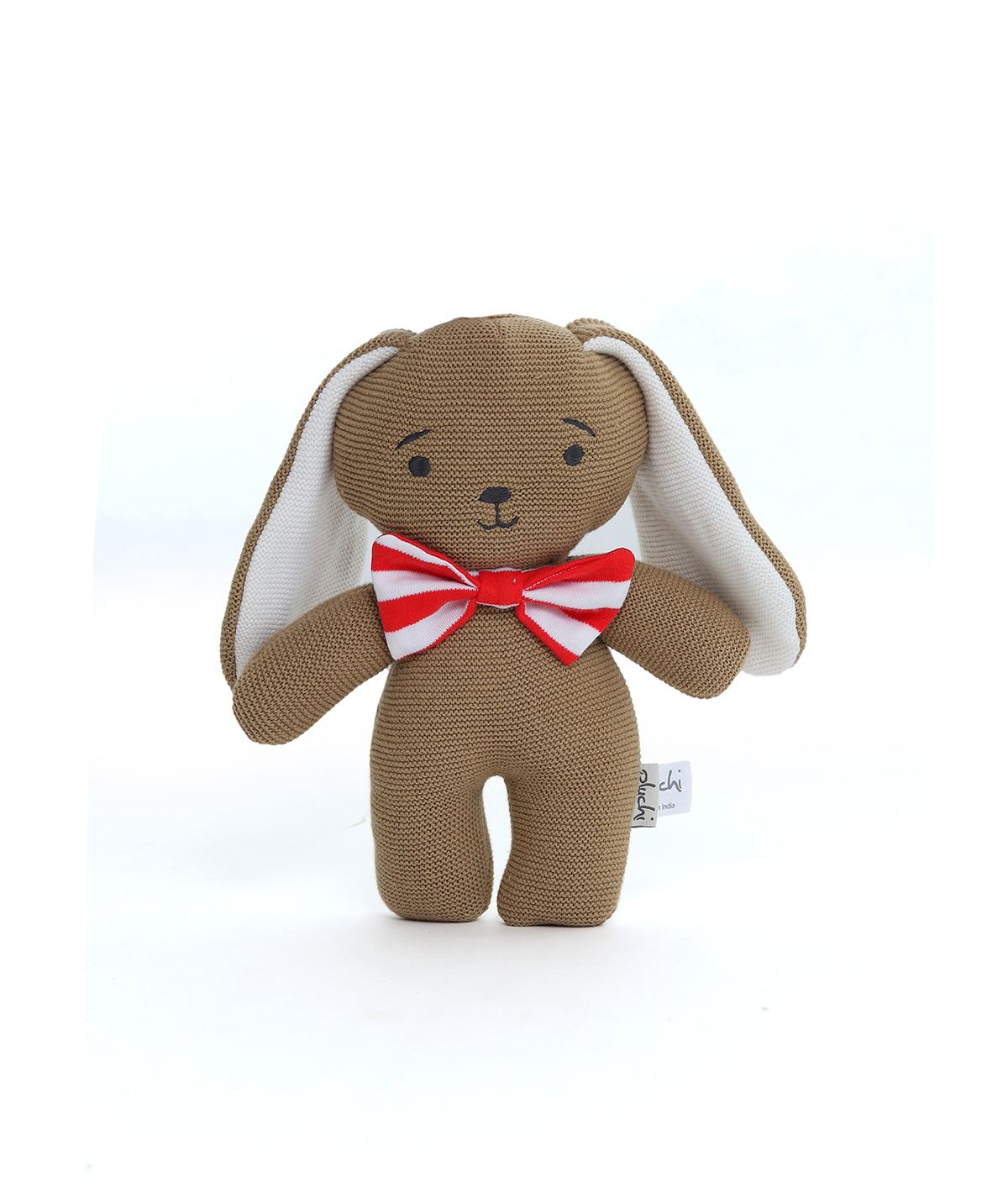 Pluchi Mr. Bunny Rabbit Cotton Knitted Stuffed Soft Toy (Natural, Light Brown & Red)