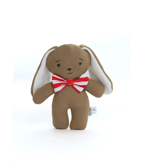 Pluchi Mr. Bunny Rabbit Cotton Knitted Stuffed Soft Toy (Natural, Light Brown & Red)