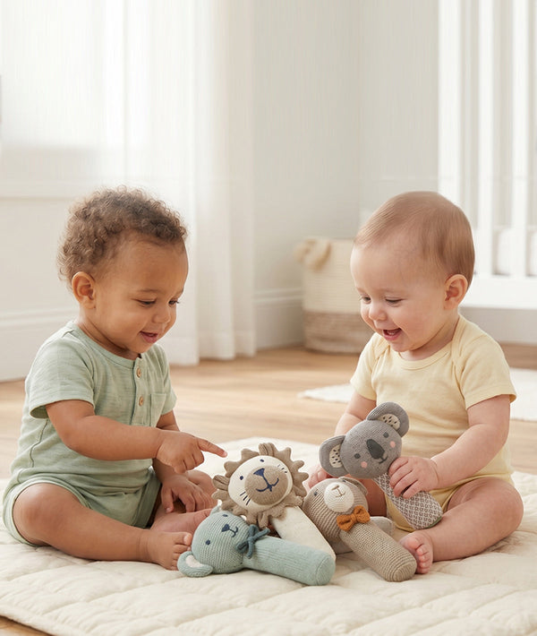 Pluchi Rattle Bear Cotton Knitted Stuffed Soft Toys for Babies / Kids (Baby Blue)