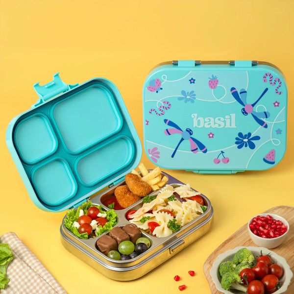 Basil Bento Quad 4-Compartment Stainless Steel Lunchbox 800 ml Teal Garden