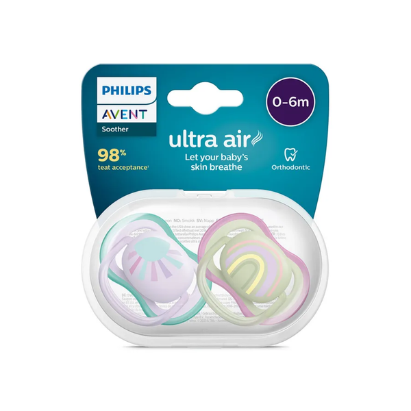 Philips Avent Ultra Air Soother 0–6 Months – Green & Purple | Pack of 2
