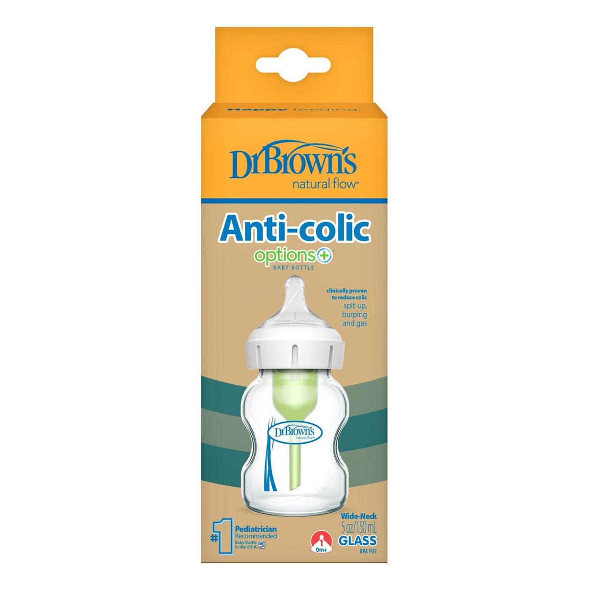 Dr. Brown’s Natural Flow Anti-Colic Options+ Wide-Neck Glass Baby Bottle 150ml Clear
