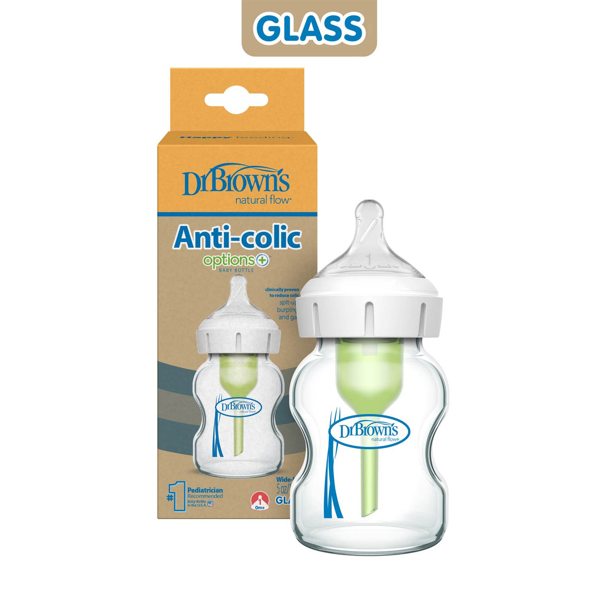 Dr. Brown’s Natural Flow Anti-Colic Options+ Wide-Neck Glass Baby Bottle 150ml Clear