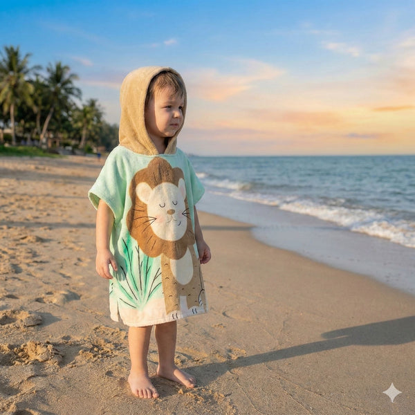 Quad Seven Roaring Cute Lion Hooded Towel Poncho for Kids (2–4 Years) – Soft & Absorbent Beach & Bath Robe