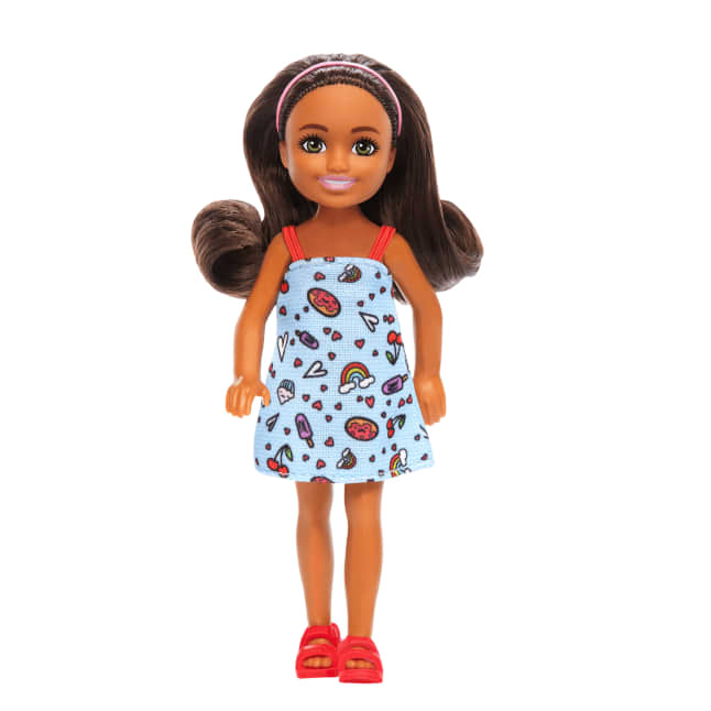 Barbie Chelsea Doll, Small Doll Blue Dress With Brown Hair & Green Eyes