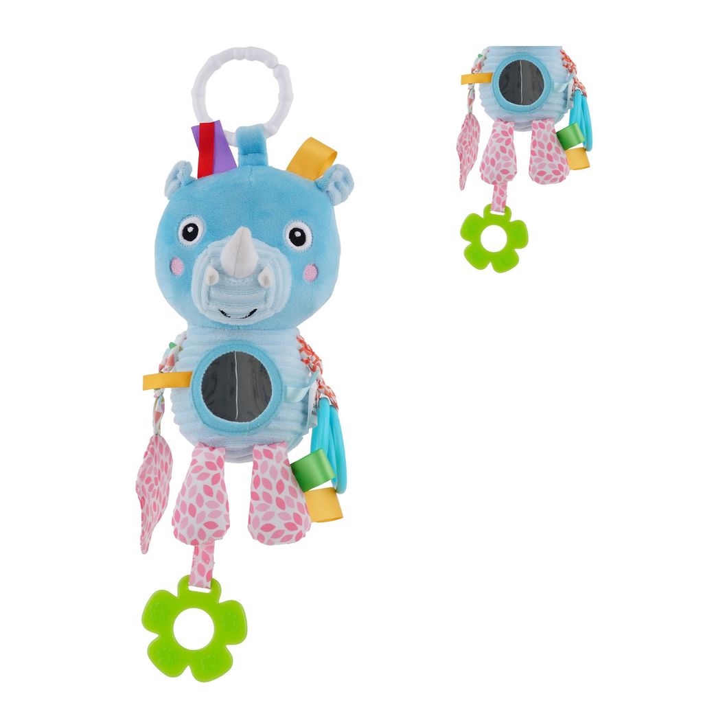 Nuluv Activity Rhino Baby Plush Sensory Stroller Toy with Teether, Crinkle Leaf & Mirror