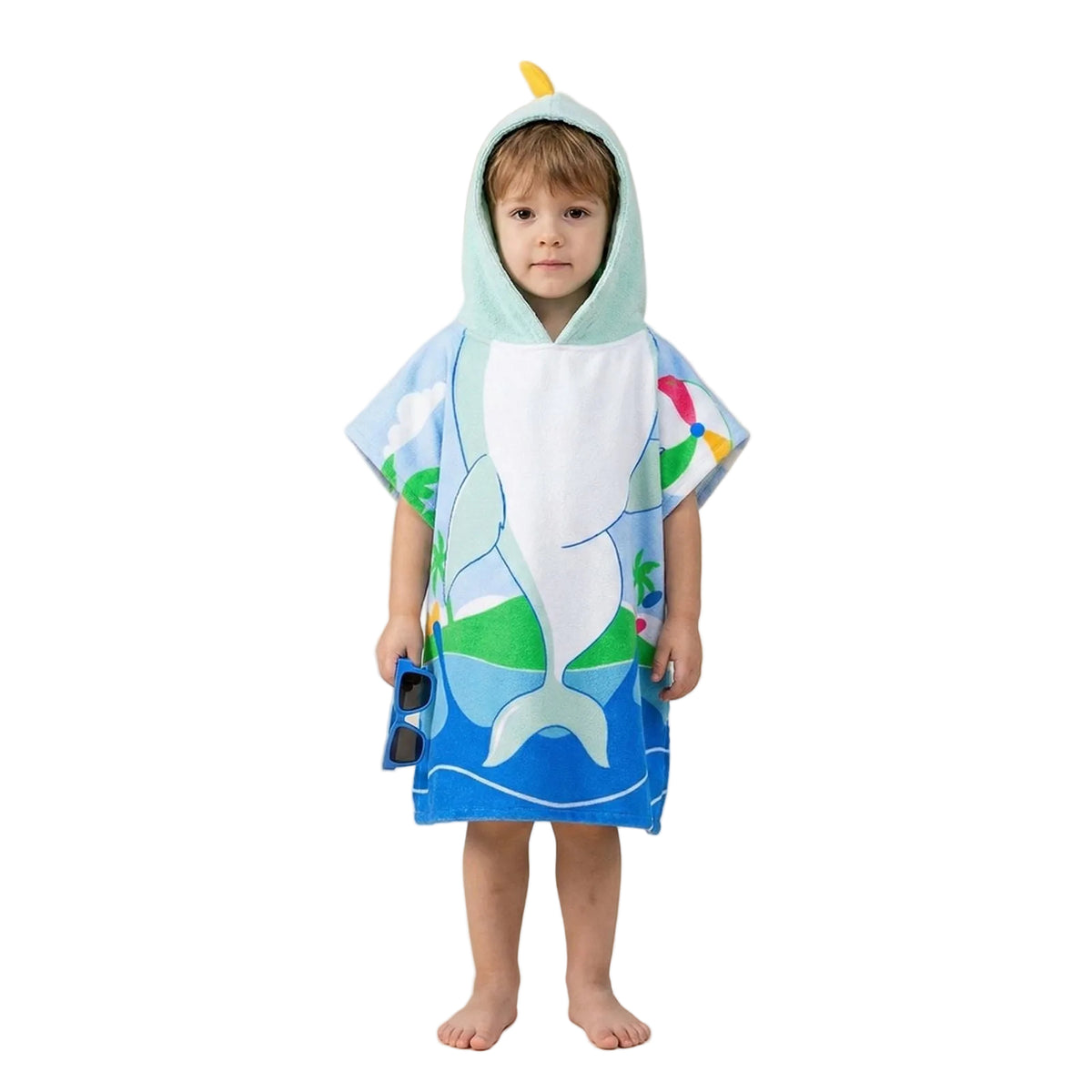 Quad Seven Playful Dolphin Hooded Towel Poncho for Boys (2–4 Years) – Soft Beach Robe with Sunglasses