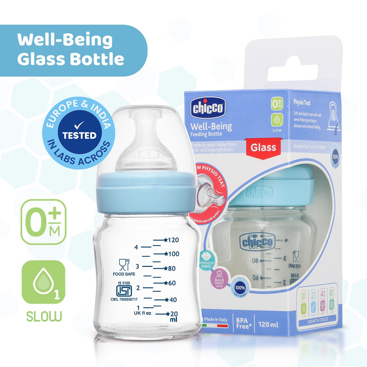 Chicco Well Being Glass Feeding Bottle 120 ml Slow Flow Blue